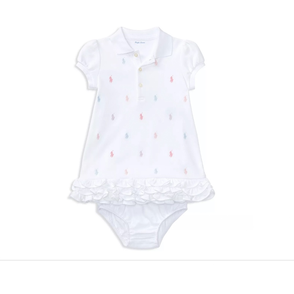 Girls' Ruffled & Embroidered White Polo Dress  Size 3M